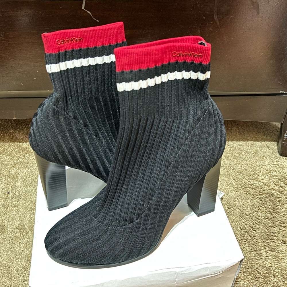 Calvin Klein Antonette Black, White and Red Ribbed Stretch Knit Ankle Booties
